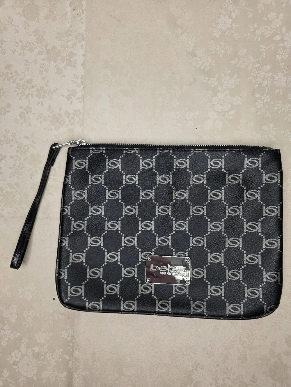 Bebe Black Silver All Over Monogram Logo Zip Wristlet Handbag Evening Bag